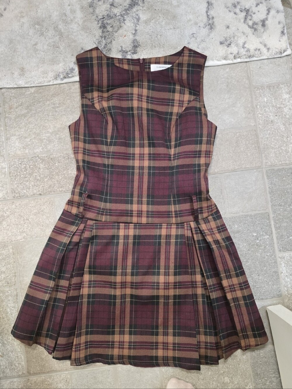 NWT Commense Checkered Pleated Tank Dress Without Belt Small Plaid Mini Red Tan - Picture 6 of 11